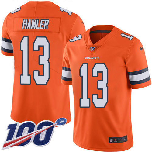 Nike Broncos #13 KJ Hamler Orange Youth Stitched NFL Limited Rush 100th Season Jersey